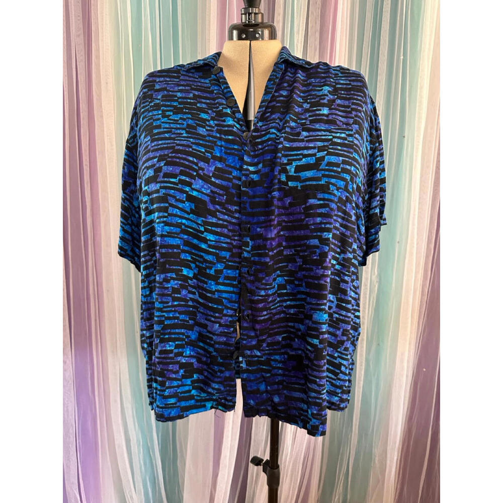 Blue Geo Block Button Up